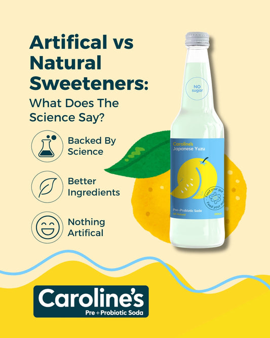 Caroline’s Pre + Probiotic Soda surrounded by fresh fruit highlighting natural flavours and low sugar refreshment.