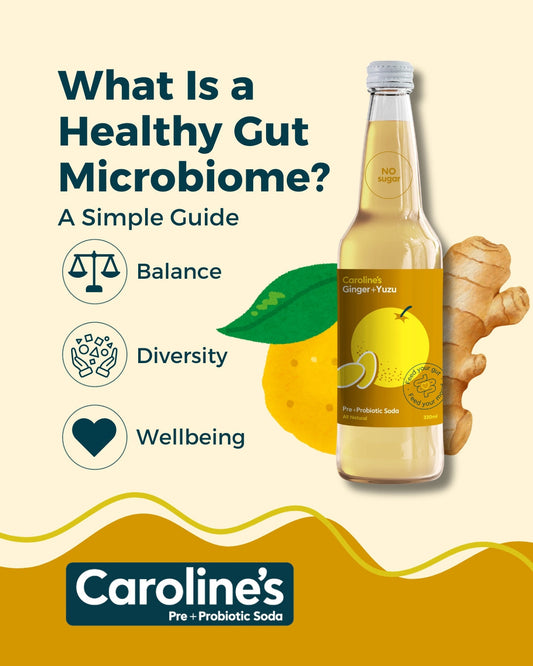 Caroline’s Pre + Probiotic Soda with fresh fruit and gut health inspired graphics representing microbiome balance and digestion support.