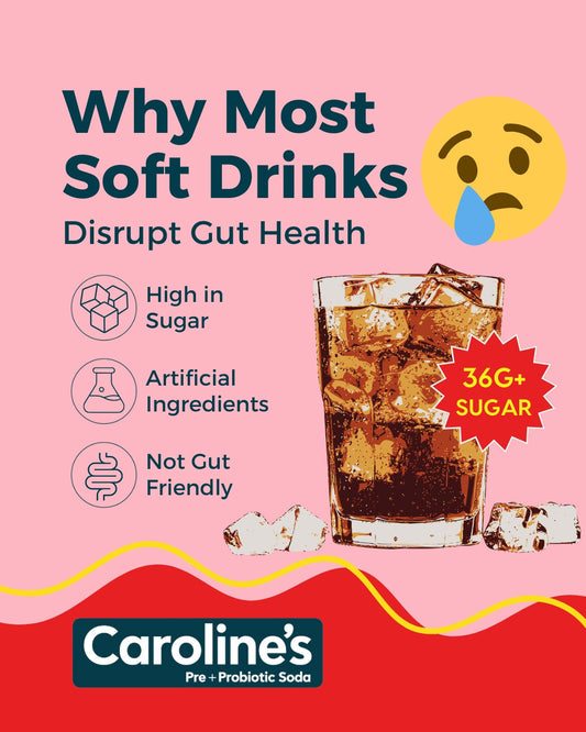 Caroline’s Pre + Probiotic Soda beside fresh fruit representing a healthier alternative to traditional sugary soft drinks.
