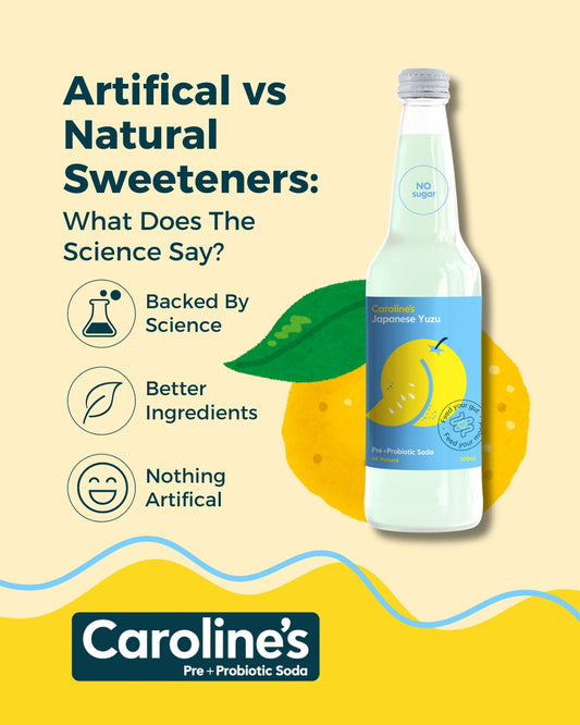 Caroline’s Pre + Probiotic Soda surrounded by fresh fruit highlighting natural flavours and low sugar refreshment.